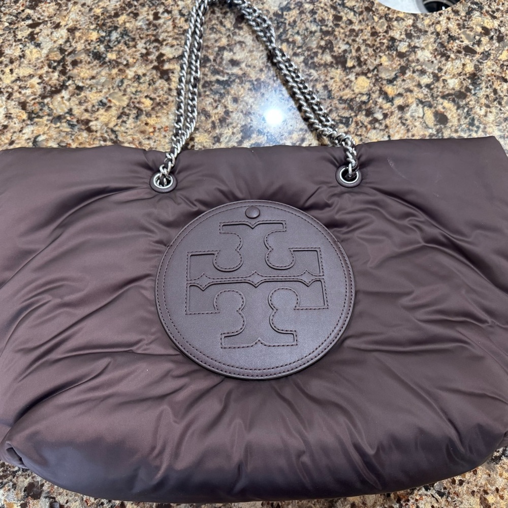 Tory Burch Dark Maroon Shoulder Bag with Embossed Logo. Puffer fabric